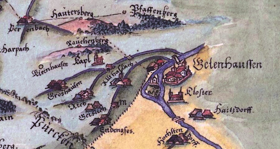 Auf der Spessartkarte des Paul Pinzing von 1562/94 ist Gelnhausen mit seinen südlichen Stadtteilen zu erkennen.