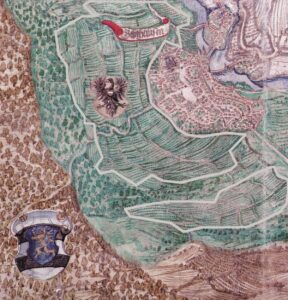 Die historische Karte des Elias Hoffmann aus dem Jahr 1585 (Norden ist links) zeigt Gelnhausen mit seinen Weinlagen.