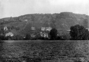 Blick von der Kinzigaue hinauf auf die Gelnhäuser Weinberge um 1920