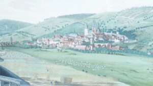 Gelnhausen mit seinen Weinbergen auf einer kolorierten Zeichnung und auf einem Foto, aufgenommen vor 1877, mit dem noch verdrehten schiefen Turm.