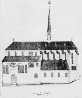 Ehemalige Franziskanerkirche an der Nordseite des Obermarkts, errichtet Anfang des 14. Jahrhunderts, abgebrochen 1822, in einer Zeichnung von Bernhard Hundeshagen (nach Ludwig Bickell, Archiv des Geschichtsvereins Gelnhausen e.V.)
