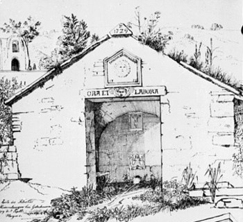 Der Brunnen des Klosters Himmelau – ein Überrest des 1561 geschlossenen Nonnenklosters ist – gelegen in einer Eigentumswohnungsanlage – leider nicht zugänglich. Zeichnung von Eugen Ruhl 1831. (Archiv des Geschichtsvereins Gelnhausen e.V.)