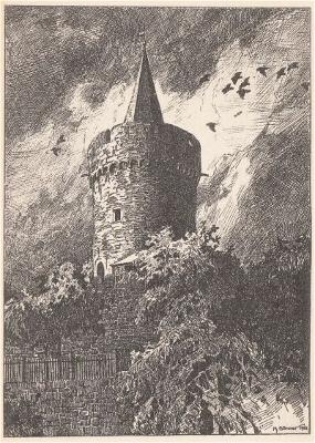 Der Hexenturm, errichtet im 15. Jahrhundert war das Untersuchungsgefängnis der der Zauberei Beschuldigten. Zeichnung von Philipp Gönner (1879 – 1953). (Archiv der Kreissparkasse Gelnhausen)